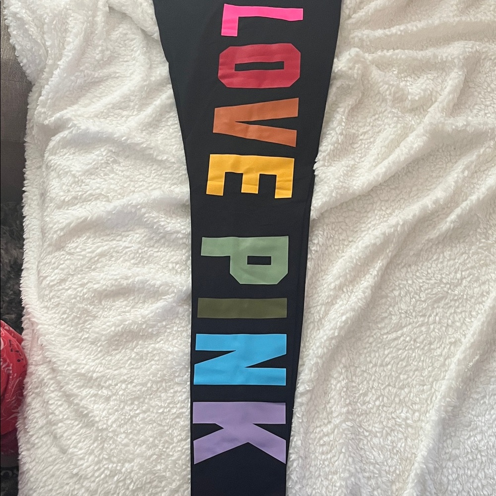 PINK Victoria's Secret Black Leggings with Multicolor LOVE PINK